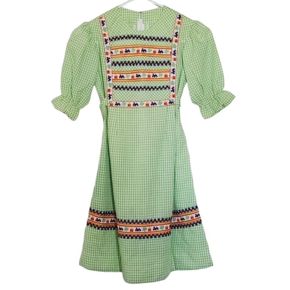 1391 * Handmade Girls Gingham Dress Green White Size Uknown Vintage